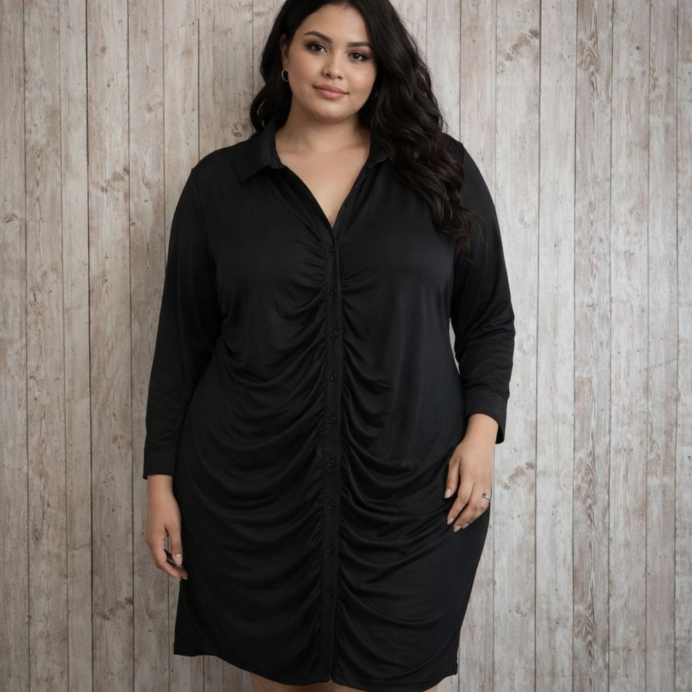 Women's Jolie & Joy Black Long Sleeve Ruched Shirt Dress 3X NWOT